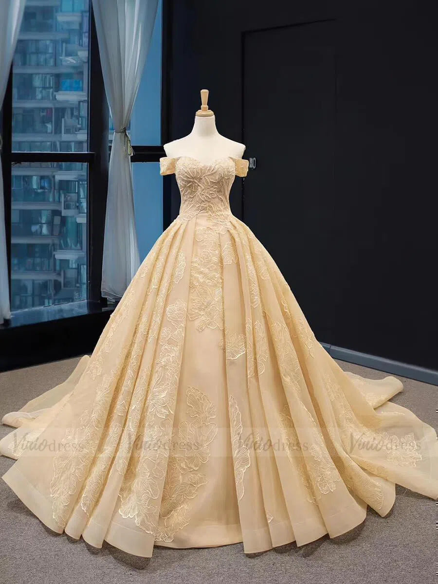 Gold Off Shoulder Quinceañera Dresses Vintage Prom Gowns VW1045 viniodress-prom dresses-Viniodress-Gold-Custom Size-Viniodress