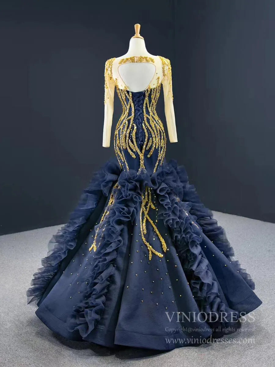 Gold Pageant Gown Navy Blue Mermaid Prom Dresses with Sleeves FD2426 viniodress-prom dresses 2025 -Viniodress-As Picture-Custom Size-