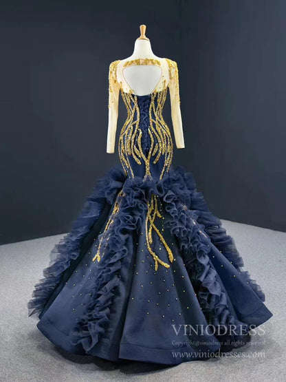 Gold Pageant Gown Navy Blue Mermaid Prom Dresses with Sleeves FD2426 viniodress-prom dresses 2025 -Viniodress-As Picture-Custom Size-