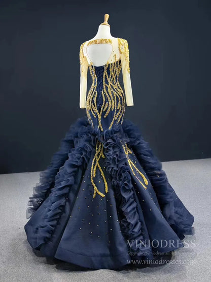Gold Pageant Gown Navy Blue Mermaid Prom Dresses with Sleeves FD2426 viniodress-prom dresses 2025 -Viniodress-As Picture-Custom Size-