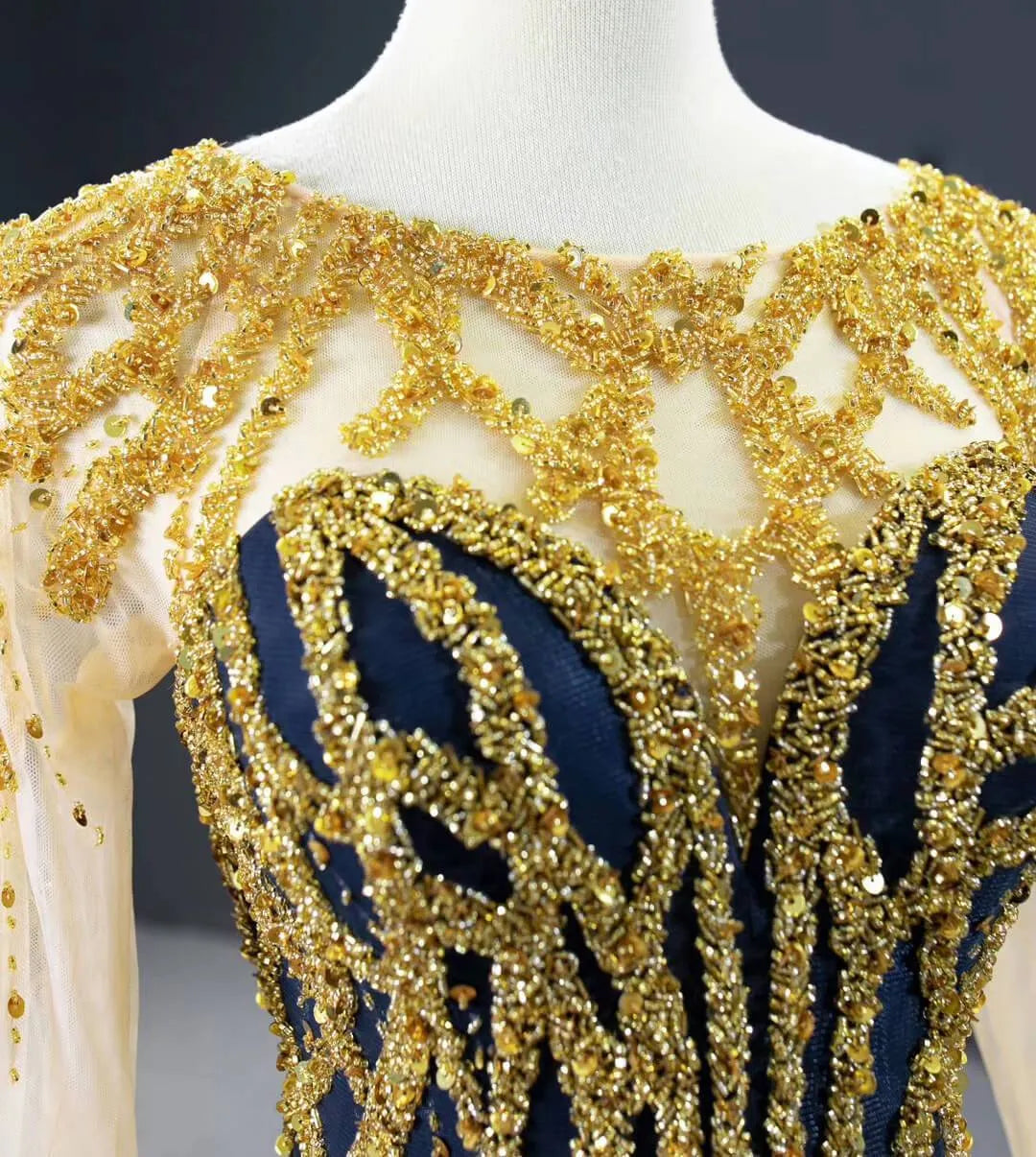 Gold Pageant Gown Navy Blue Mermaid Prom Dresses with Sleeves FD2426 viniodress-prom dresses 2025 -Viniodress-As Picture-Custom Size-