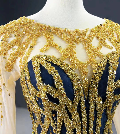 Gold Pageant Gown Navy Blue Mermaid Prom Dresses with Sleeves FD2426 viniodress-prom dresses 2025 -Viniodress-As Picture-Custom Size-