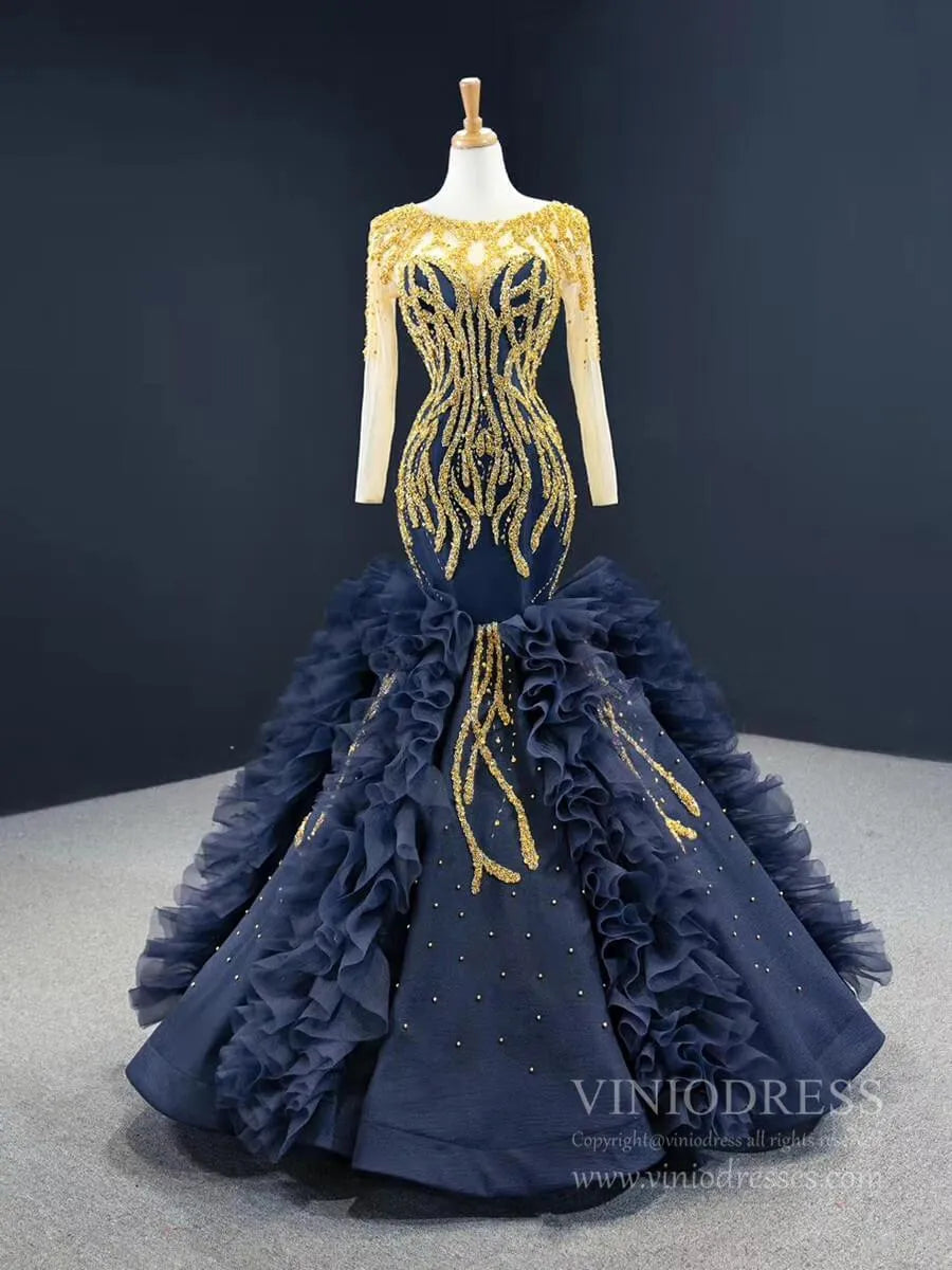 Gold Pageant Gown Navy Blue Mermaid Prom Dresses with Sleeves FD2426 viniodress-prom dresses 2025 -Viniodress-As Picture-Custom Size-