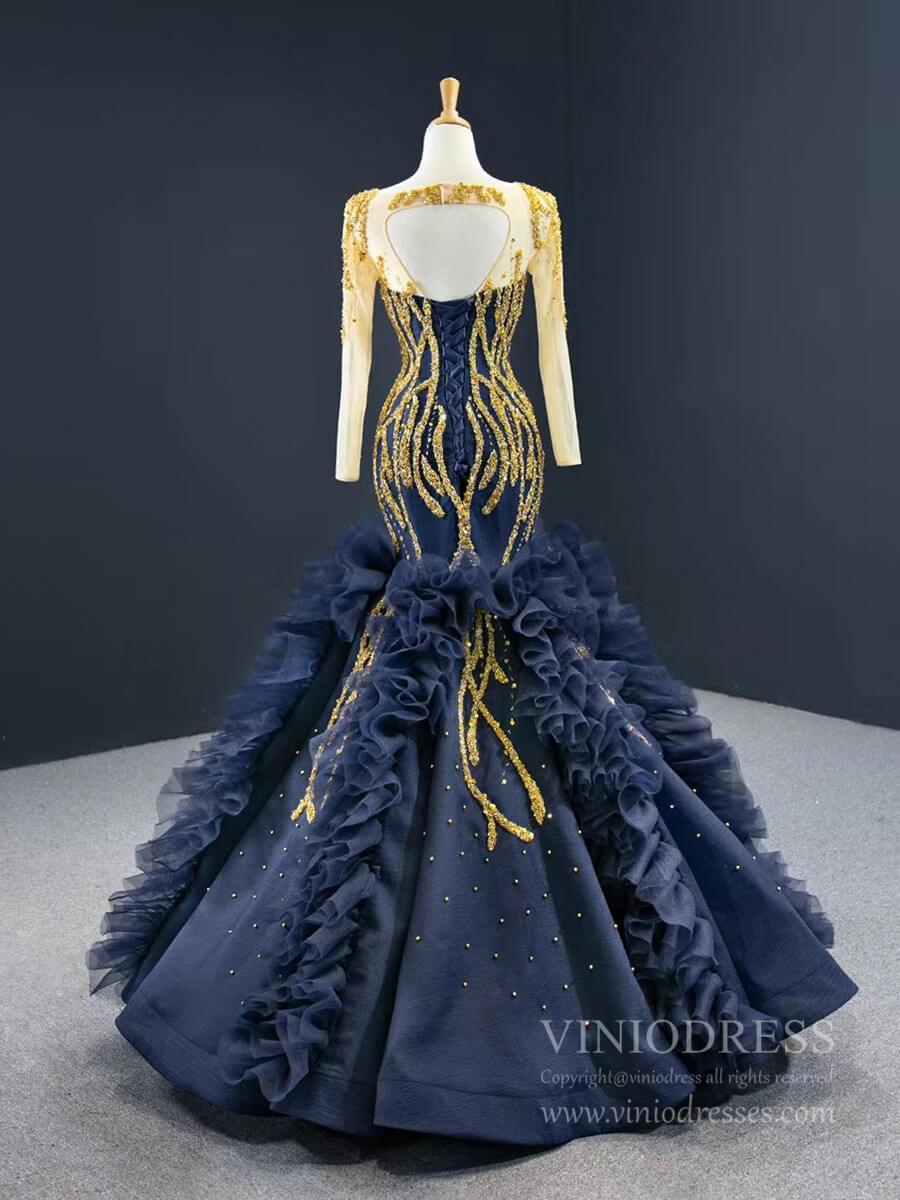 Prom Dress 2025 Gold Pageant Gown Navy Blue Mermaid Prom Dresses with Sleeves FD2426 viniodress-unique prom dresses-As Picture-Custom Size-Viniodress