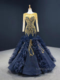 Prom Dress 2025 Gold Pageant Gown Navy Blue Mermaid Prom Dresses with Sleeves FD2426 viniodress-unique prom dresses-As Picture-Custom Size-Viniodress