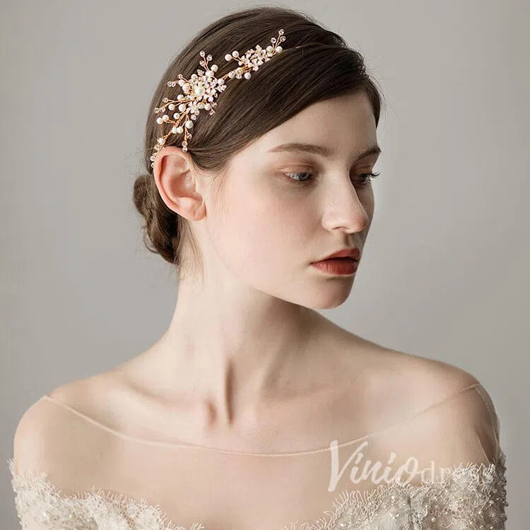 Gold Pearls Bridal Headbands Viniodress AC1084-Headpieces-Viniodress-Gold-Viniodress