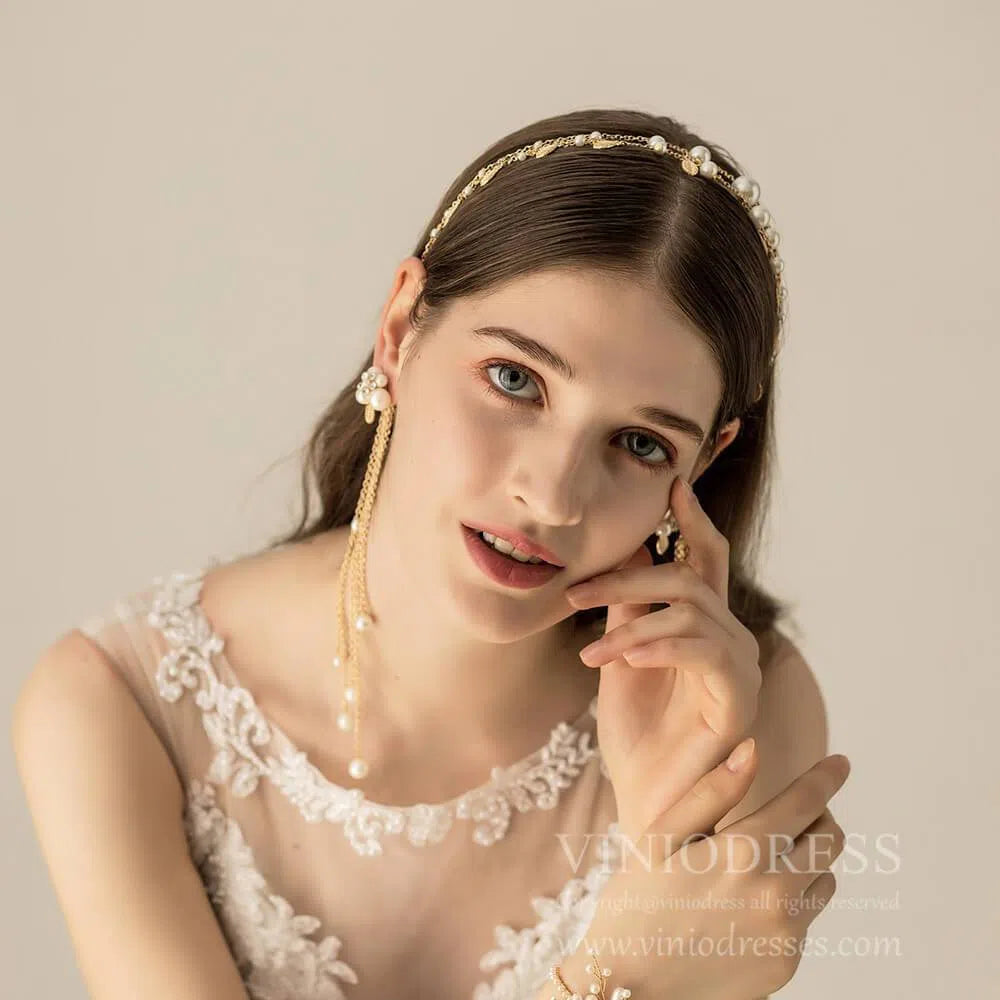 Gold Pearls Headband with Waterfall Strings AC1104-Headpieces 2025 -Viniodress-Headband-