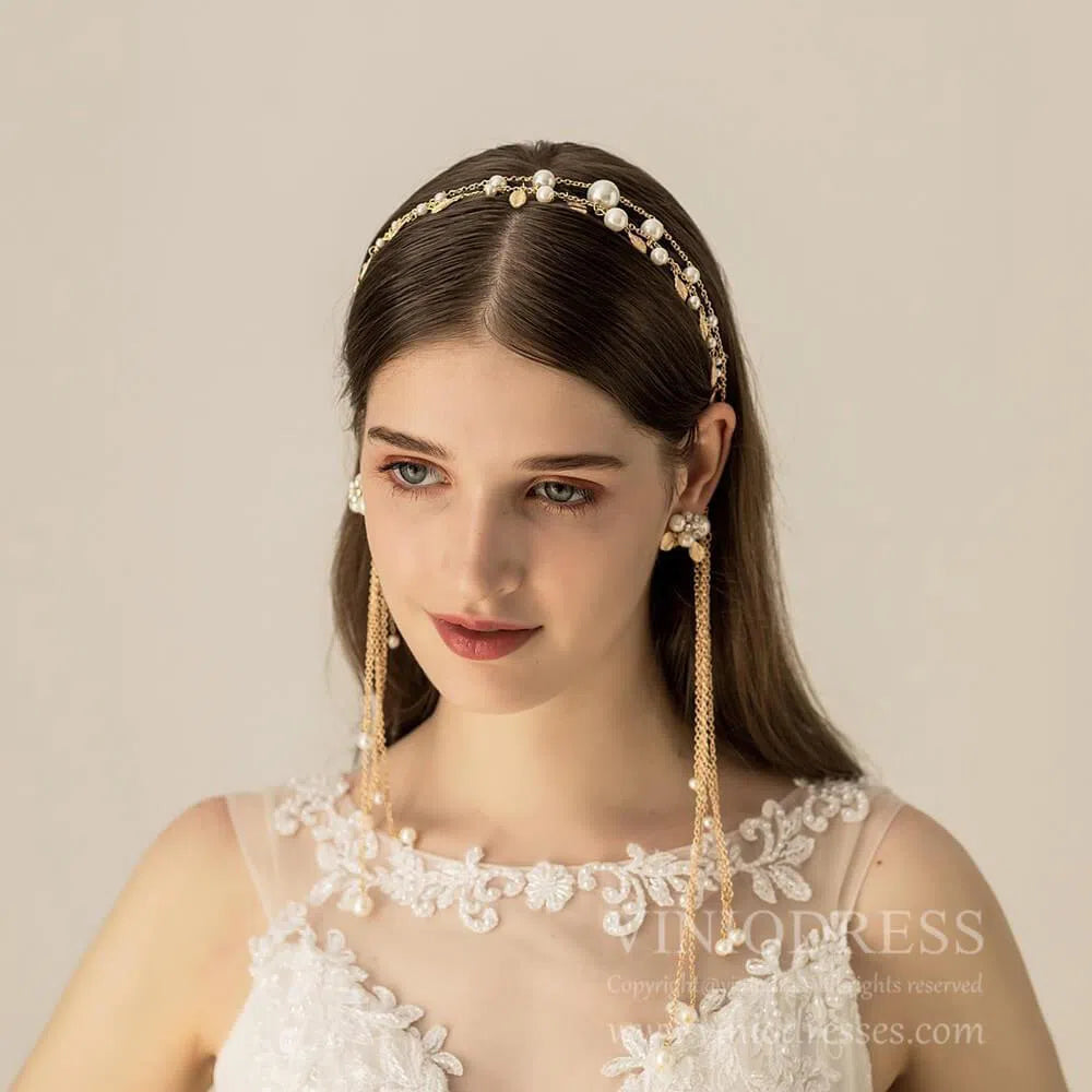 Gold Pearls Headband with Waterfall Strings AC1104-Headpieces 2025 -Viniodress-Headband-