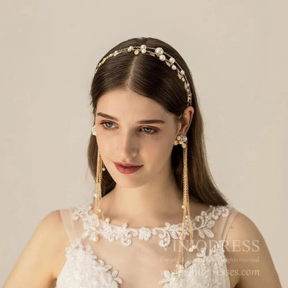 Gold Pearls Headband with Waterfall Strings AC1104-Headpieces 2025 -Viniodress-Headband-
