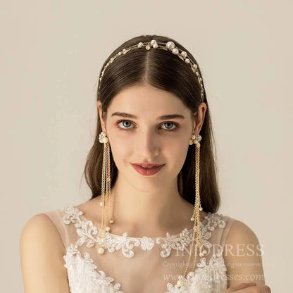 Gold Pearls Headband with Waterfall Strings AC1104-Headpieces 2025 -Viniodress-Headband-