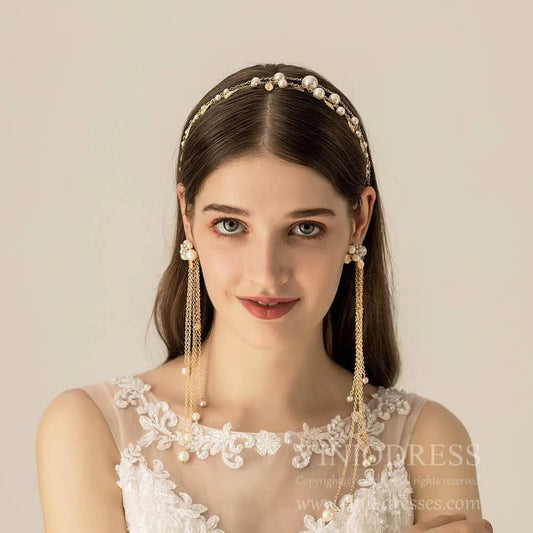 Gold Pearls Headband with Waterfall Strings AC1104-Headpieces 2025 -Viniodress-Headband-