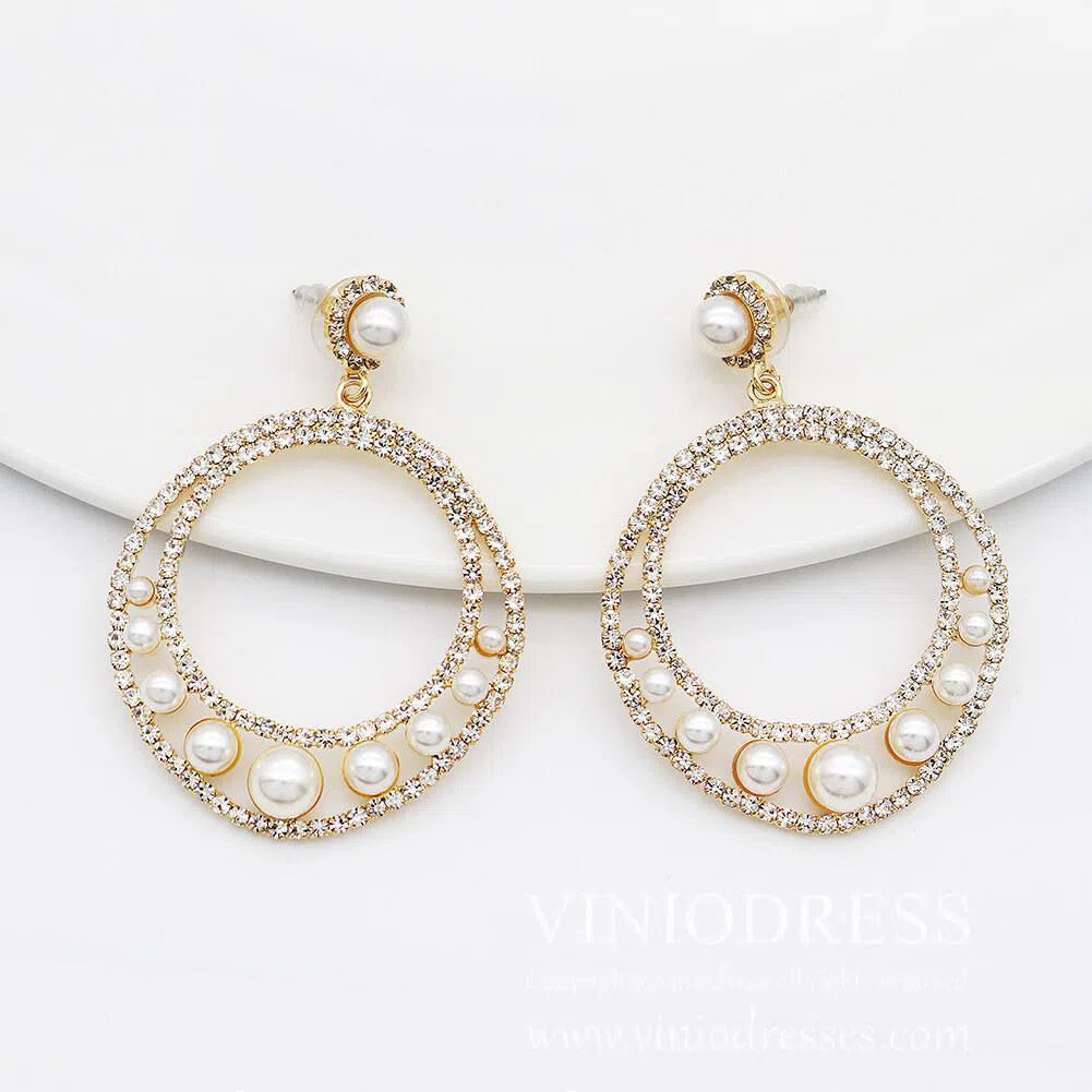 Gold Pearls Hoop Earrings Viniodress AC1071-Bridal Jewelry-Viniodress-Viniodress