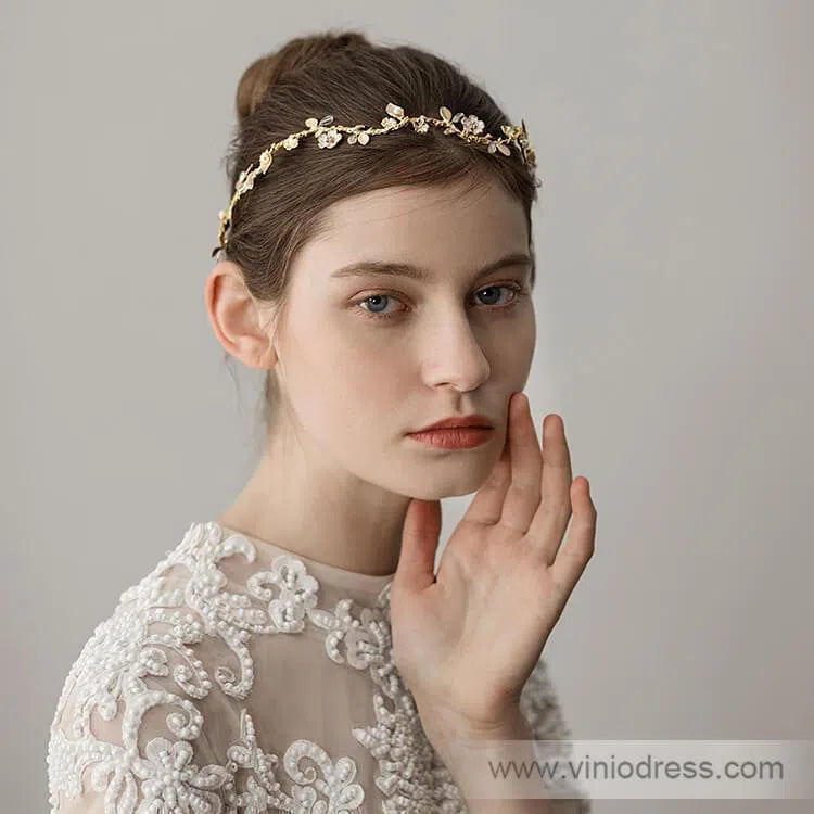 Gold Petals and Leaves Bridal Headbands Viniodress ACC1096-Headpieces 2025 -Viniodress-Gold-