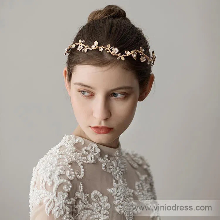 Gold Petals and Leaves Bridal Headbands Viniodress ACC1096-Headpieces 2025 -Viniodress-Gold-