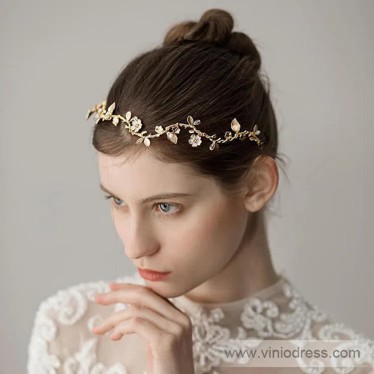 Gold Petals and Leaves Bridal Headbands Viniodress ACC1096-Headpieces 2025 -Viniodress-Gold-