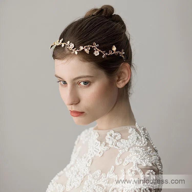 Gold Petals and Leaves Bridal Headbands Viniodress ACC1096-Headpieces 2025 -Viniodress-Gold-