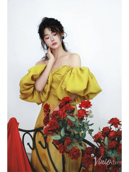 Gold Satin Puffed Sleeve Prom Dresses Off the Shoulder Formal Gown FD2314-prom dresses 2025 -Viniodress-Gold-Custom Size-