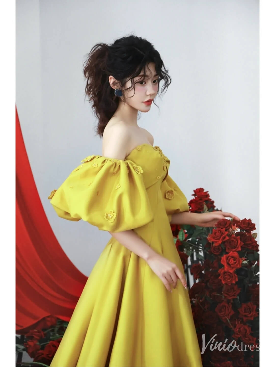 Gold Satin Puffed Sleeve Prom Dresses Off the Shoulder Formal Gown FD2314-prom dresses 2025 -Viniodress-Gold-Custom Size-