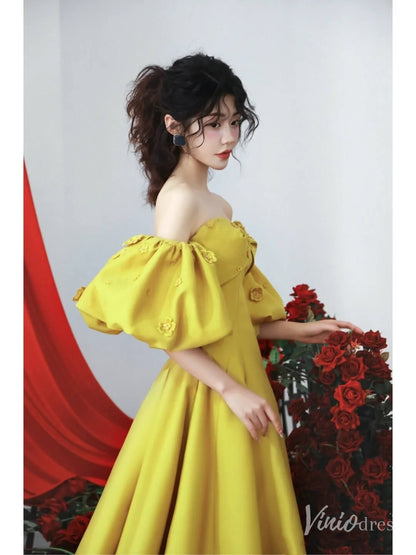 Gold Satin Puffed Sleeve Prom Dresses Off the Shoulder Formal Gown FD2314-prom dresses 2025 -Viniodress-Gold-Custom Size-