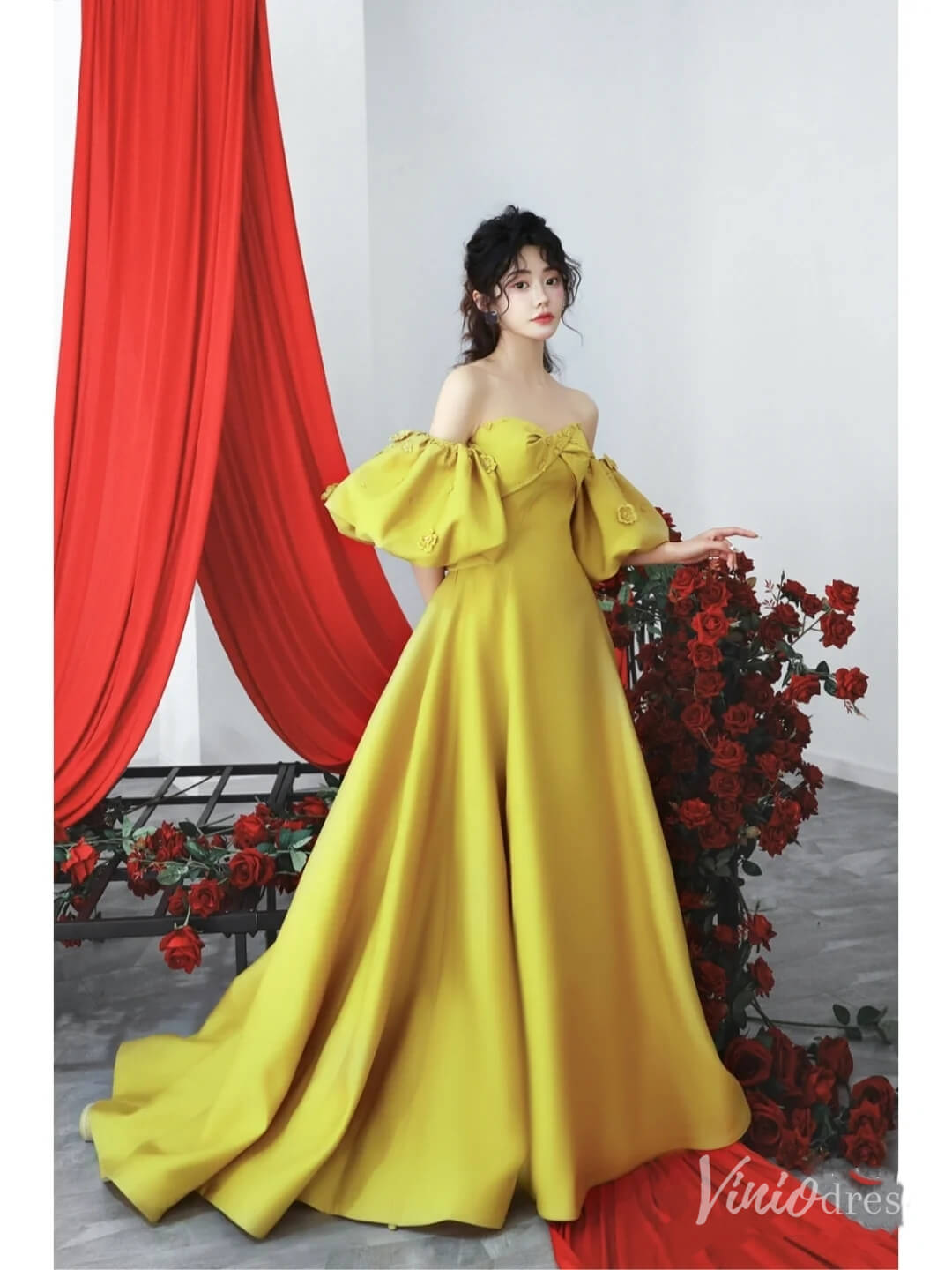 Gold Satin Puffed Sleeve Prom Dresses Off the Shoulder Formal Gown FD2314 - Viniodressprom dressesGoldCustom Size - Formal Dresses - Ball Gowns