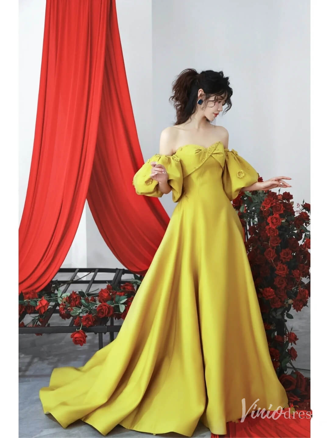 Gold Satin Puffed Sleeve Prom Dresses Off the Shoulder Formal Gown FD2314-prom dresses-Viniodress-Gold-Custom Size-Viniodress