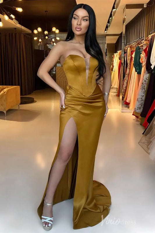 Gold Satin Strapless Prom Dress with Corset Bodice, V-Cut Illusion Neckline, and High Slit – SS062-prom dresses 2025 -Viniodress-Gold-Custom Size-