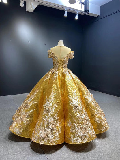 Gold Sequin Ball Gown 3D Flower Quinceañera Dresses 66536C Sheer Shoulder-Quinceanera Dresses 2025 -Viniodress-Gold-Custom Size-
