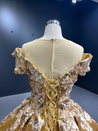 Gold Sequin Ball Gown 3D Flower Quinceañera Dresses 66536C Sheer Shoulder-Quinceanera Dresses 2025 -Viniodress-Gold-Custom Size-