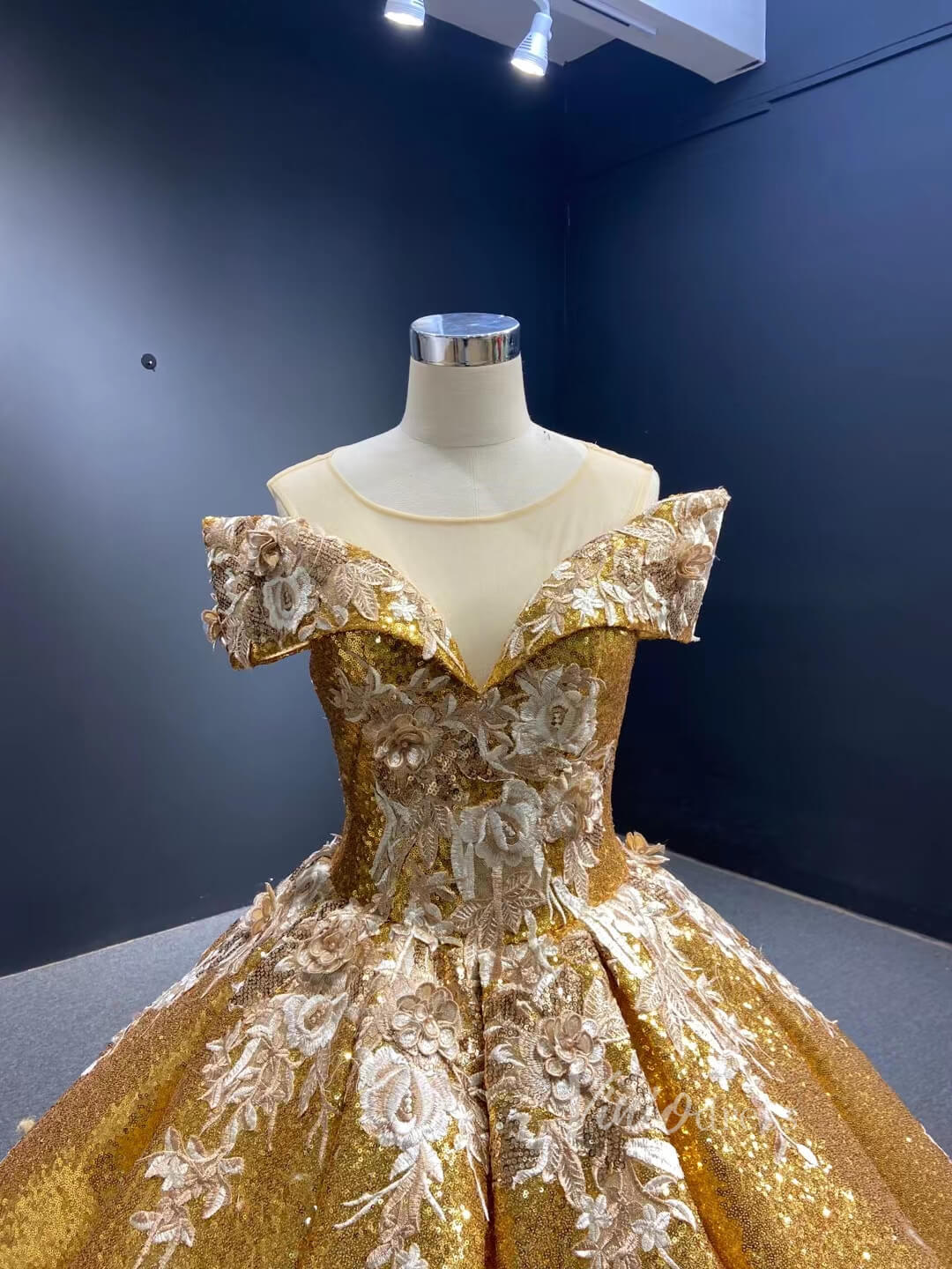 Prom Dress 2025 Gold Sequin Ball Gown 3D Flower Quinceañera Dresses 66536C Sheer Shoulder-unique Quinceanera Dresses-Gold-Custom Size-Viniodress