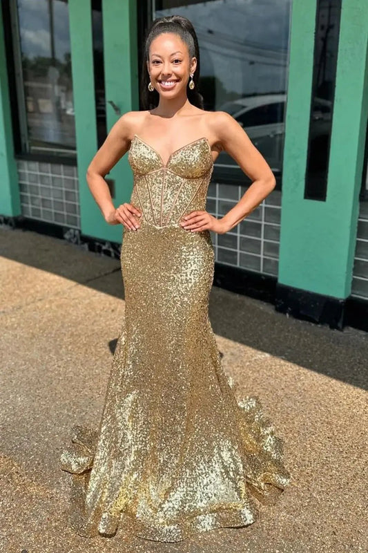 Gold Sequin Mermaid Prom Dress 2025 with Sweetheart Neck & Boned Bodice – FD5026 - Viniodressprom dressesGoldCustom Size - Formal Dresses - Ball Gowns