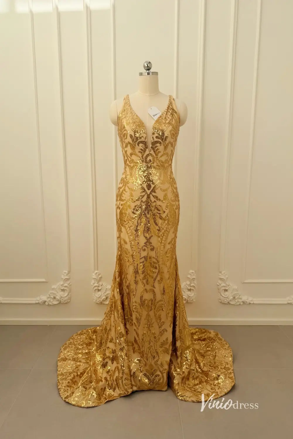 Gold Sequin Mermaid Prom Dress with Strappy Open Back SQ035 Viniodress Gold Sequin Mermaid Prom Dress with Strappy Open Back SQ035 Viniodress