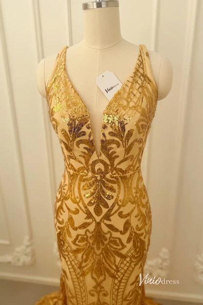 Gold Sequin Mermaid Prom Dress with Strappy Open Back SQ035 Viniodress Gold Sequin Mermaid Prom Dress with Strappy Open Back SQ035 Viniodress