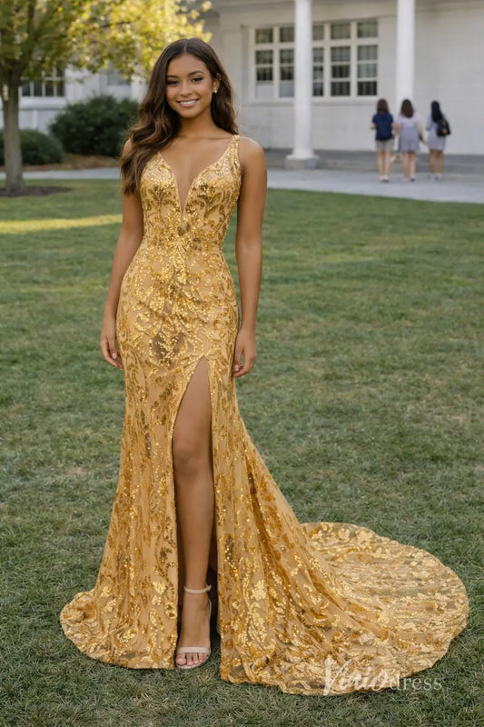 Gold Sequin Mermaid Prom Dress with Illusion Plunge V Neck & Strappy Open Back – SQ035-prom dresses 2026-Viniodress-Gold-US 0-