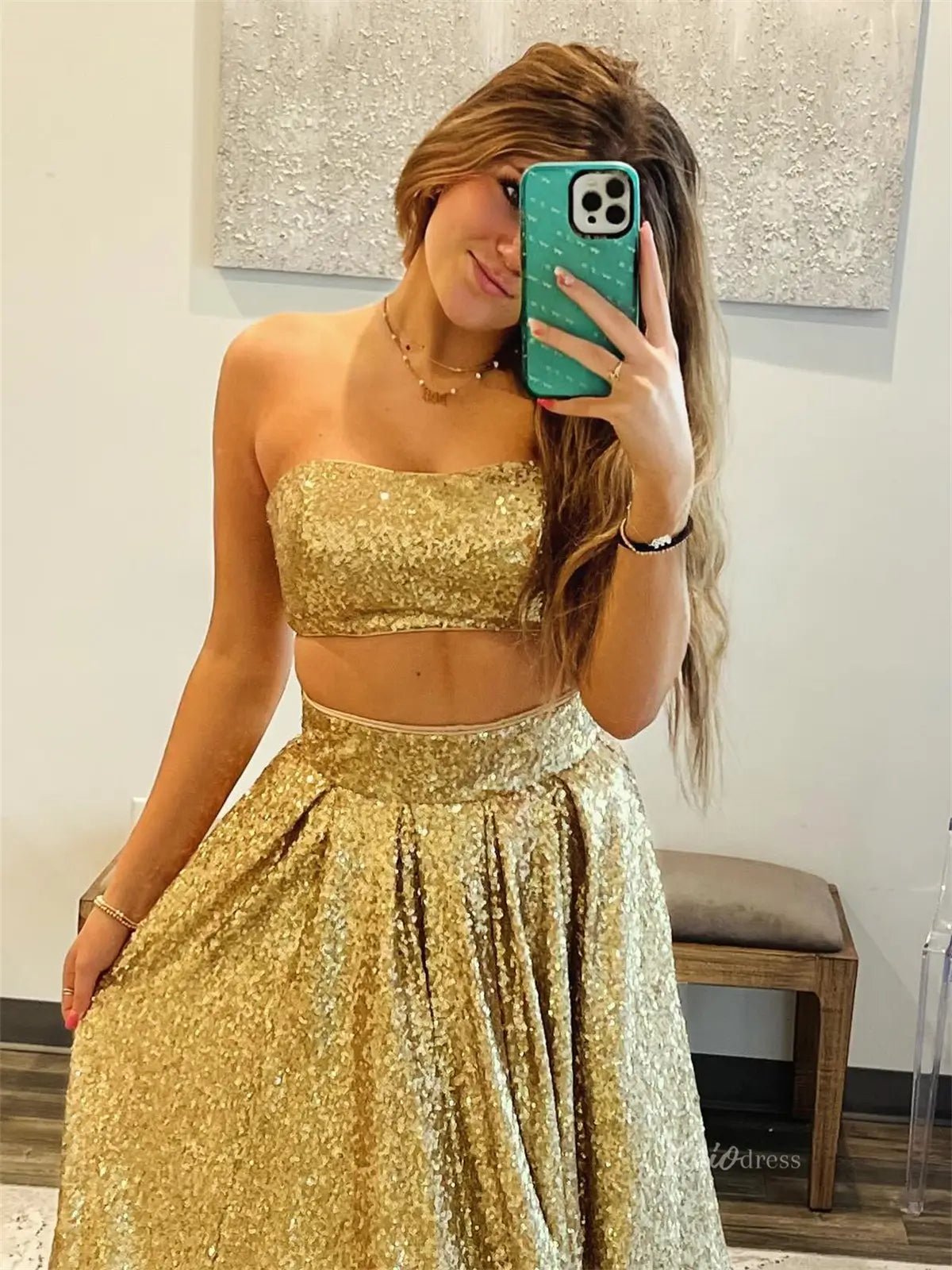 Gold Sparkly Sequin Tow-Piece Prom Dresses - FD5184-prom dresses 2025 -Viniodress-Gold-Custom Size-