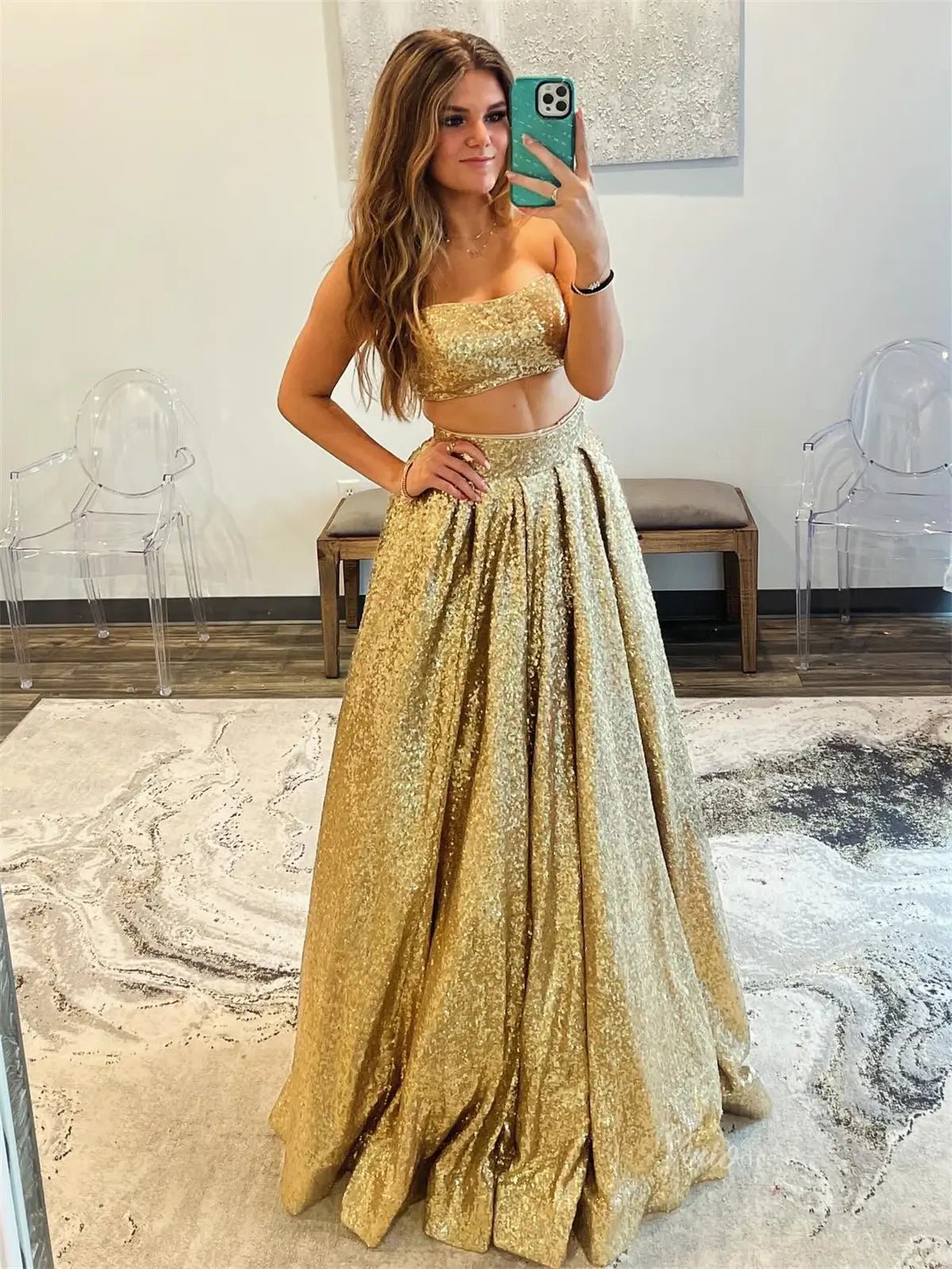 Gold Sparkly Sequin Tow-Piece Prom Dresses - FD5184-prom dresses 2025 -Viniodress-Gold-Custom Size-