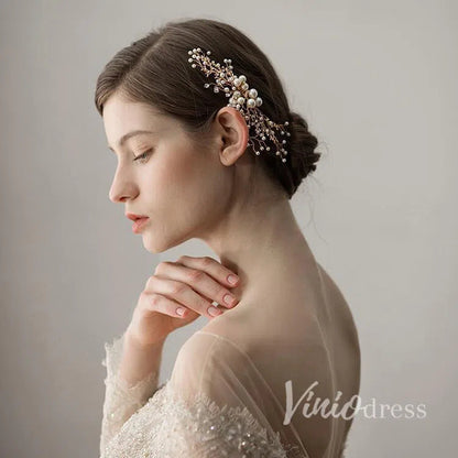 Gold Sprig Bridal Comb with Crystals and Pearls Viniodress ACC1108-Headpieces 2025 -Viniodress-Gold-