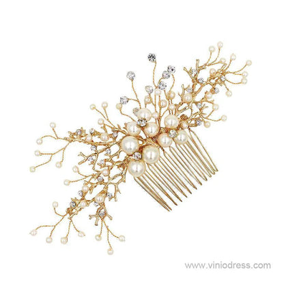 Gold Sprig Bridal Comb with Crystals and Pearls Viniodress ACC1108-Headpieces 2025 -Viniodress-Gold-