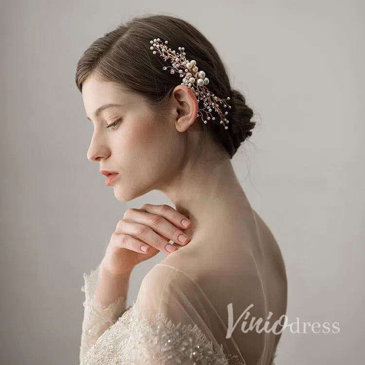 Gold Sprig Bridal Comb with Crystals and Pearls Viniodress ACC1108-Headpieces-Viniodress-Gold-Viniodress