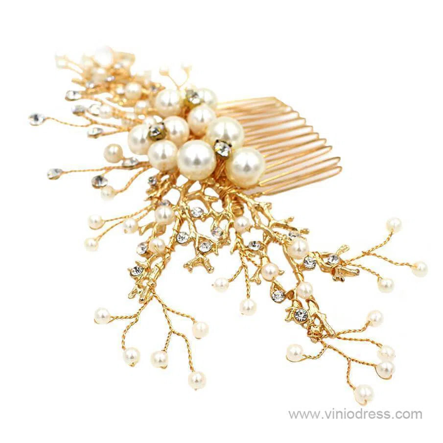 Gold Sprig Bridal Comb with Crystals and Pearls Viniodress ACC1108-Headpieces-Viniodress-Gold-Viniodress