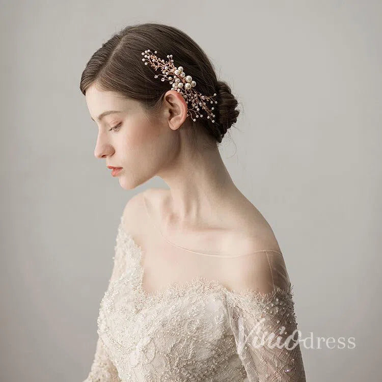 Gold Sprig Bridal Comb with Crystals and Pearls Viniodress ACC1108-Headpieces-Viniodress-Gold-Viniodress