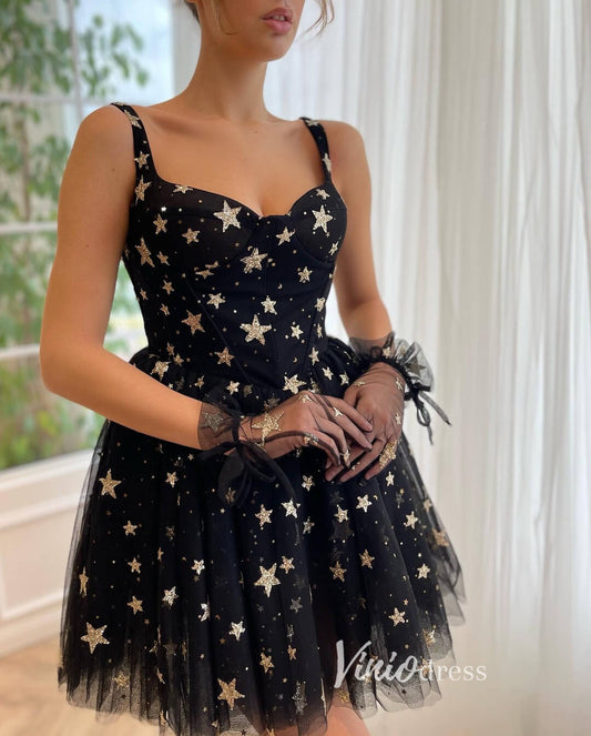 Gold Star Black Homecoming Dresses Short Cocktail Dress SD1589-Homecoming Dresses 2025 -Viniodress-Black-Custom Size-
