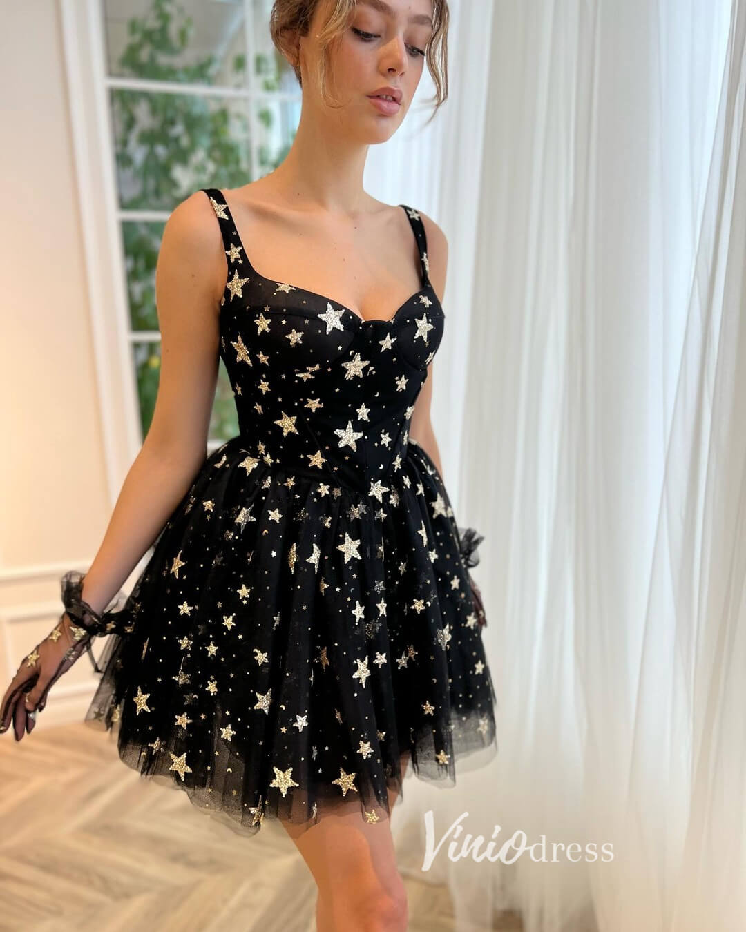 Gold Star Black Homecoming Dresses Short Cocktail Dress SD1589-Homecoming Dresses 2025 -Viniodress-Black-Custom Size-
