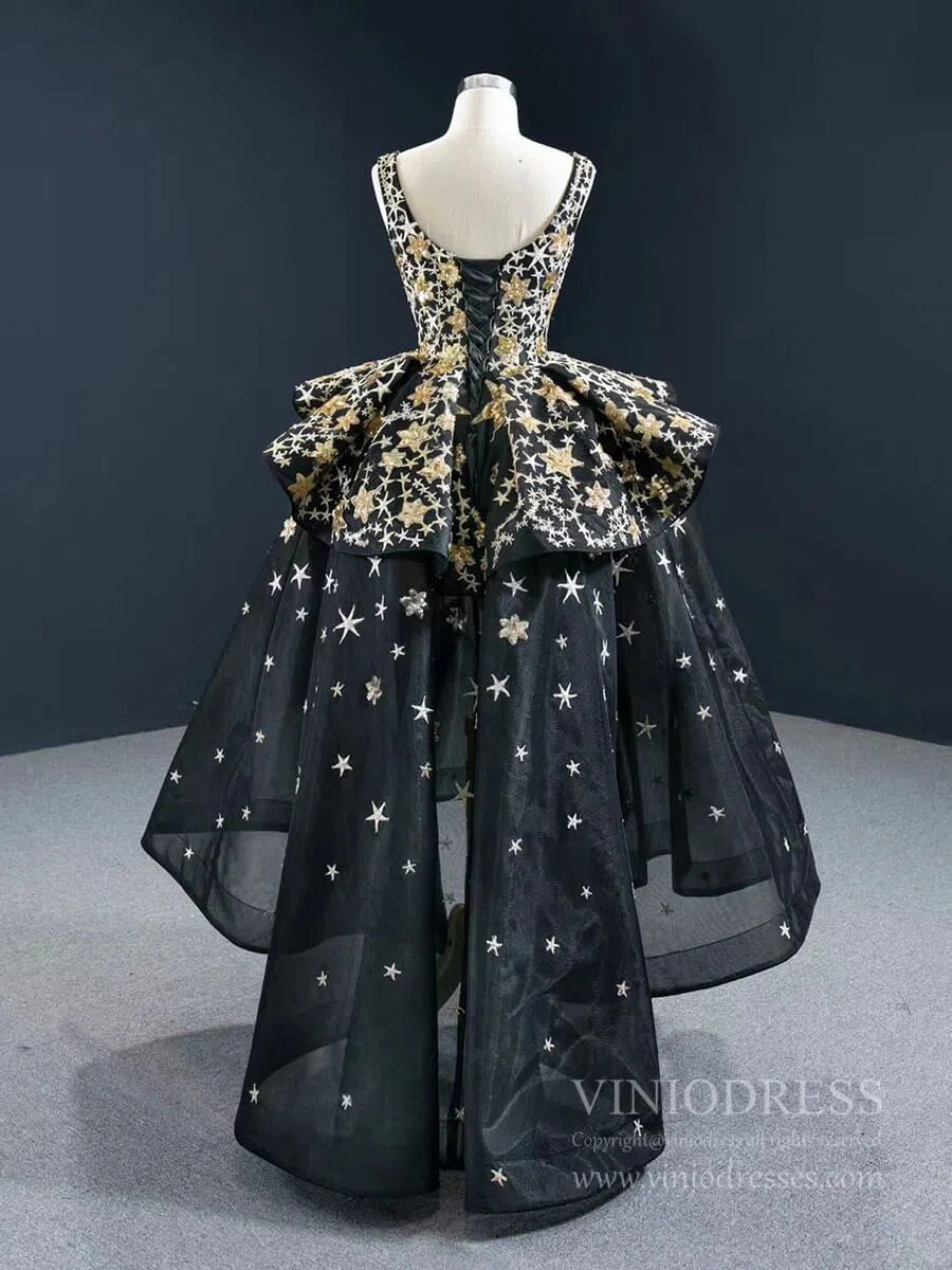 Gold Star Black Prom Dresses High Low Long Homecoming Dress FD2429-Homecoming Dresses 2025 -Viniodress-Grey-Custom Size-