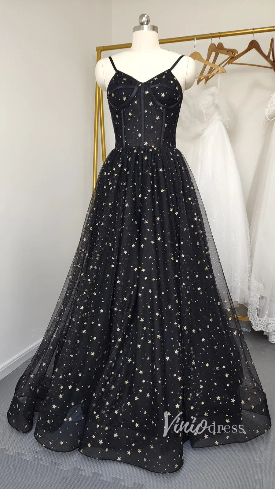 Prom Dress 2025 Gold Star Lace Long Prom Dresses Spaghetti Strap Black Formal Dress FD1050-unique prom dresses-Black-Custom Size-Viniodress