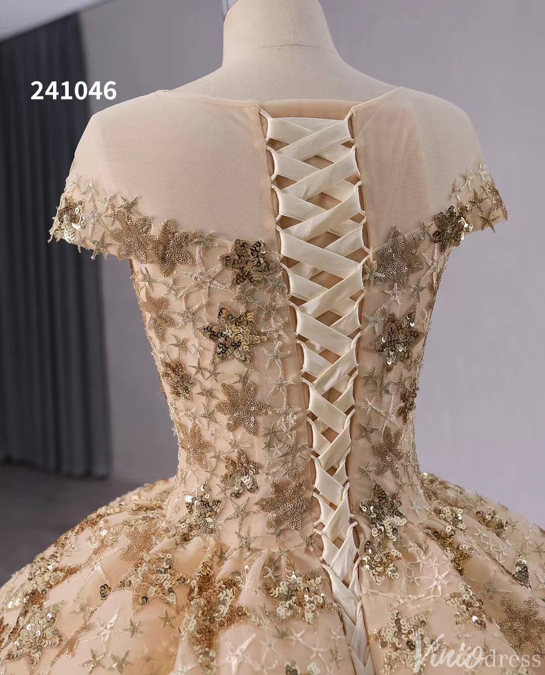 Gold Starry Lace Wedding Gown Overskirt Cap Sleeve Quinceanera Dress 241046-Quinceanera Dresses 2025 -Viniodress-Blue-Custom Size-