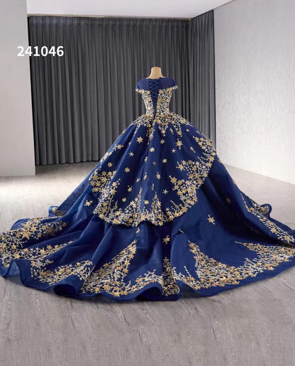 Gold Starry Lace Wedding Gown Overskirt Cap Sleeve Quinceanera Dress 241046-Quinceanera Dresses 2025 -Viniodress-Blue-Custom Size-