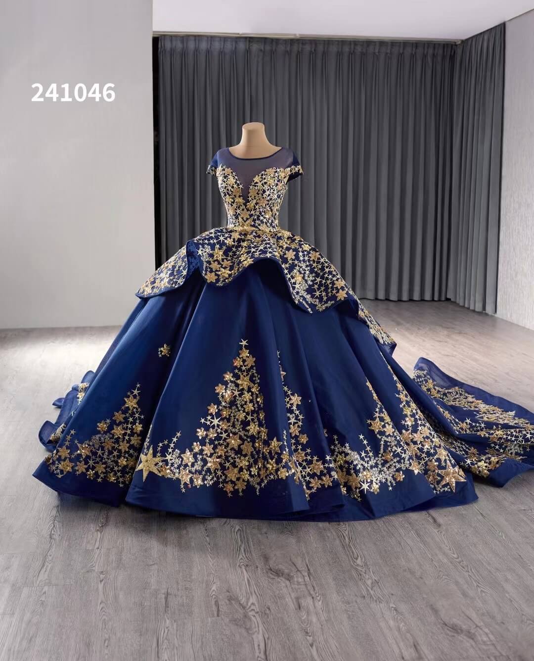 Gold Starry Lace Wedding Gown Overskirt Cap Sleeve Quinceanera Dress 241046-Quinceanera Dresses 2025 -Viniodress-Blue-Custom Size-