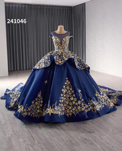 Gold Starry Lace Wedding Gown Overskirt Cap Sleeve Quinceanera Dress 241046-Quinceanera Dresses 2025 -Viniodress-Blue-Custom Size-