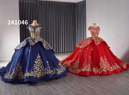 Gold Starry Lace Wedding Gown Overskirt Cap Sleeve Quinceanera Dress 241046-Quinceanera Dresses 2025 -Viniodress-Blue-Custom Size-