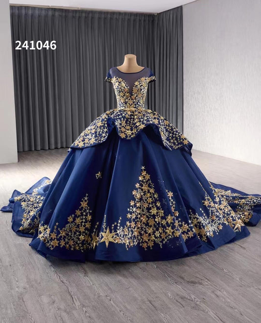 Gold Starry Lace Wedding Gown Overskirt Cap Sleeve Quinceanera Dress 241046-Quinceanera Dresses 2025 -Viniodress-Blue-Custom Size-